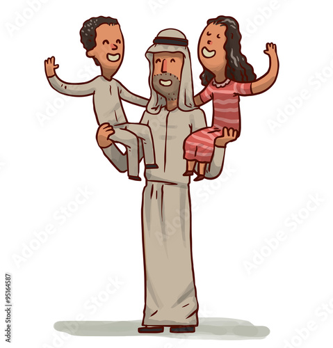 Vector cartoon image of Arabic man with a black bristles in white dishdashas and white keffiyeh and sitting on his shoulders children: a boy  and a girl on a white background.