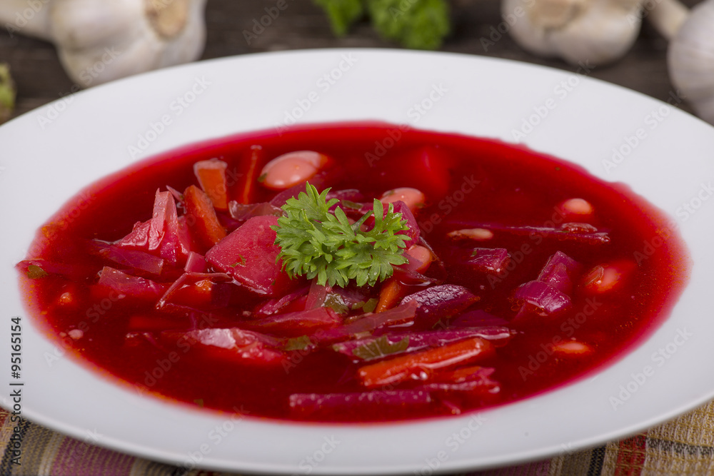 Red beet soup, borscht on the table Red beet soup, borscht on the table