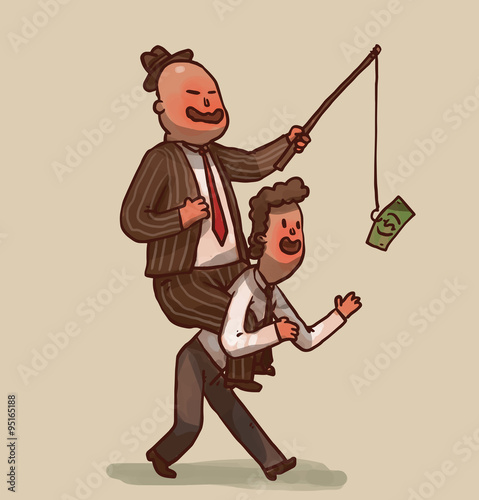 Vector cartoon image of a bald boss in a brown striped suit and hat, with stick with tied to it money in his hand, sitting astride a subordinate on a light background.