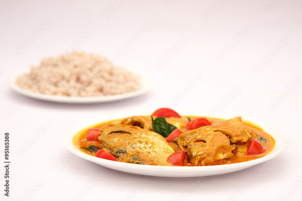 Steam Cooked rice with fish curry,Healthy diet Steam Cooked rice with fish curry,Healthy diet