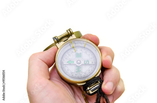 Hand holding compass isolated on white background