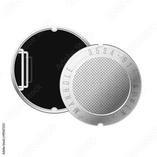 Opened street manhole with downstair. Isolated on white background.Top view.