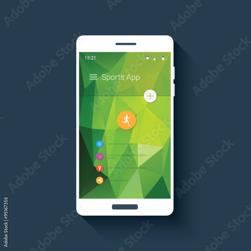 Fitness tracker mobile user interface with icons for sport monitor app. Smartphone gui on green low poly background