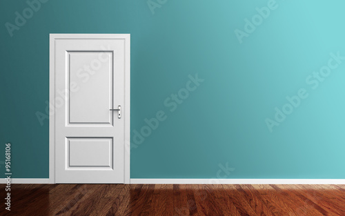 Interior of a blue room with white door 3d render