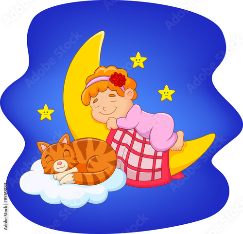 Cute little girl with cat sleeping on the moon