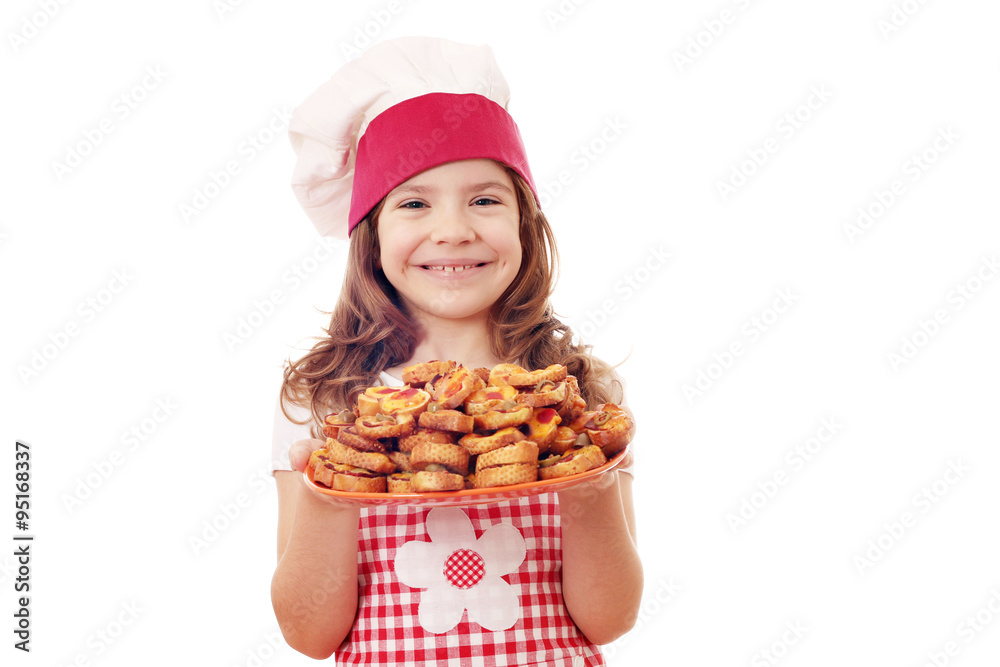 happy little girl cook with bruschetta on plate happy little girl cook with bruschetta on plate