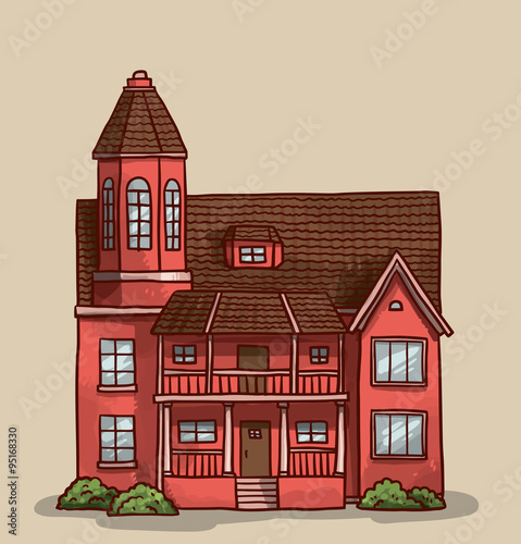 Fototapeta Naklejka Na Ścianę i Meble -  Vector cartoon image of a cute little pink house with brown roof, three floors, thirteen windows and brown door with green spaces around on a light background.