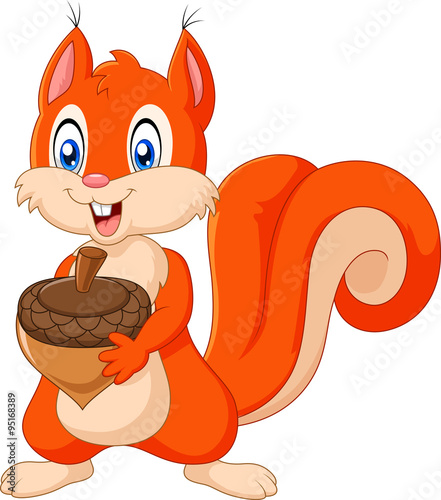 Cartoon squirrel holding pinecone isolated on white background