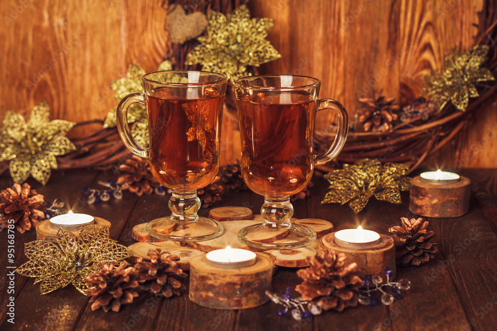 Christmas table with two glass of tea