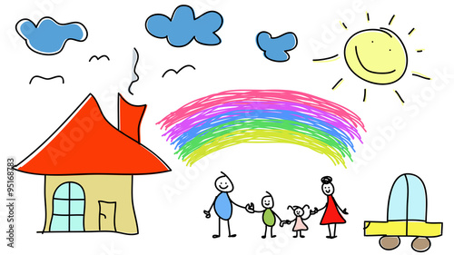 Kids drawing about a happy family with father, mother, daughter, son and their home. #95168783