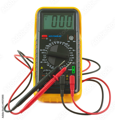 Digital multimeter isolated on a white background with a shadow under the object