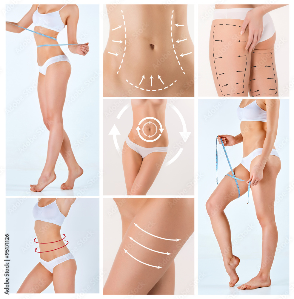 Collage of female body with the drawing arrows - obrazy, fototapety, plakaty 