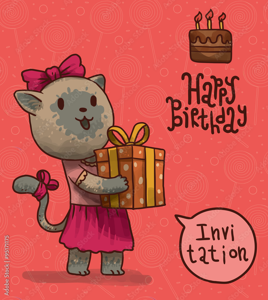 Fototapeta premium Vector invitation card with a brown chocolate cake on the top right with cartoon image of a funny gray female cat with gift on a pink candy background.