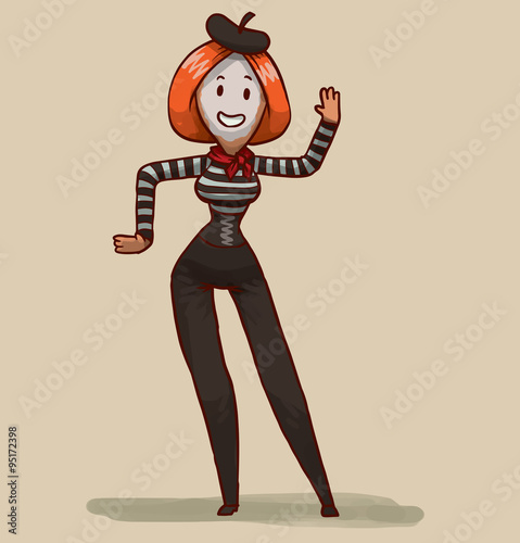 Vector cartoon image of a femile mime with red hair and a white face in black pants, black-and-white striped blouse, black beret and red kerchief around her neck smiling on a light background.