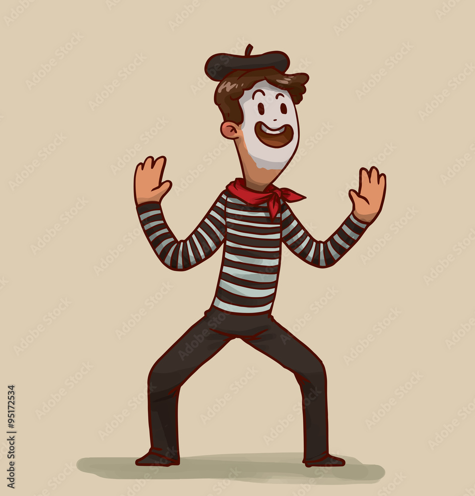 Vetor de Vector cartoon image of a mime with brown hair and a white face in  black pants, black-and-white striped jacket, black beret and red kerchief  around his neck smiling on a