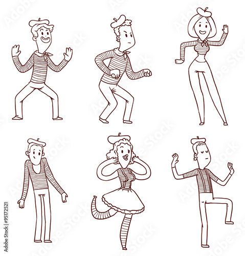 Vector Set of Mimes. Linear cartoon image of four male mimes and two female mimes in various poses on a white background.