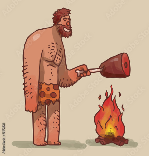 Vector Caveman cooking meat on fire. Cartoon image of the caveman with brown hair in leopard loincloth cooking a brown piece of meat  on an orange flames on a light background.