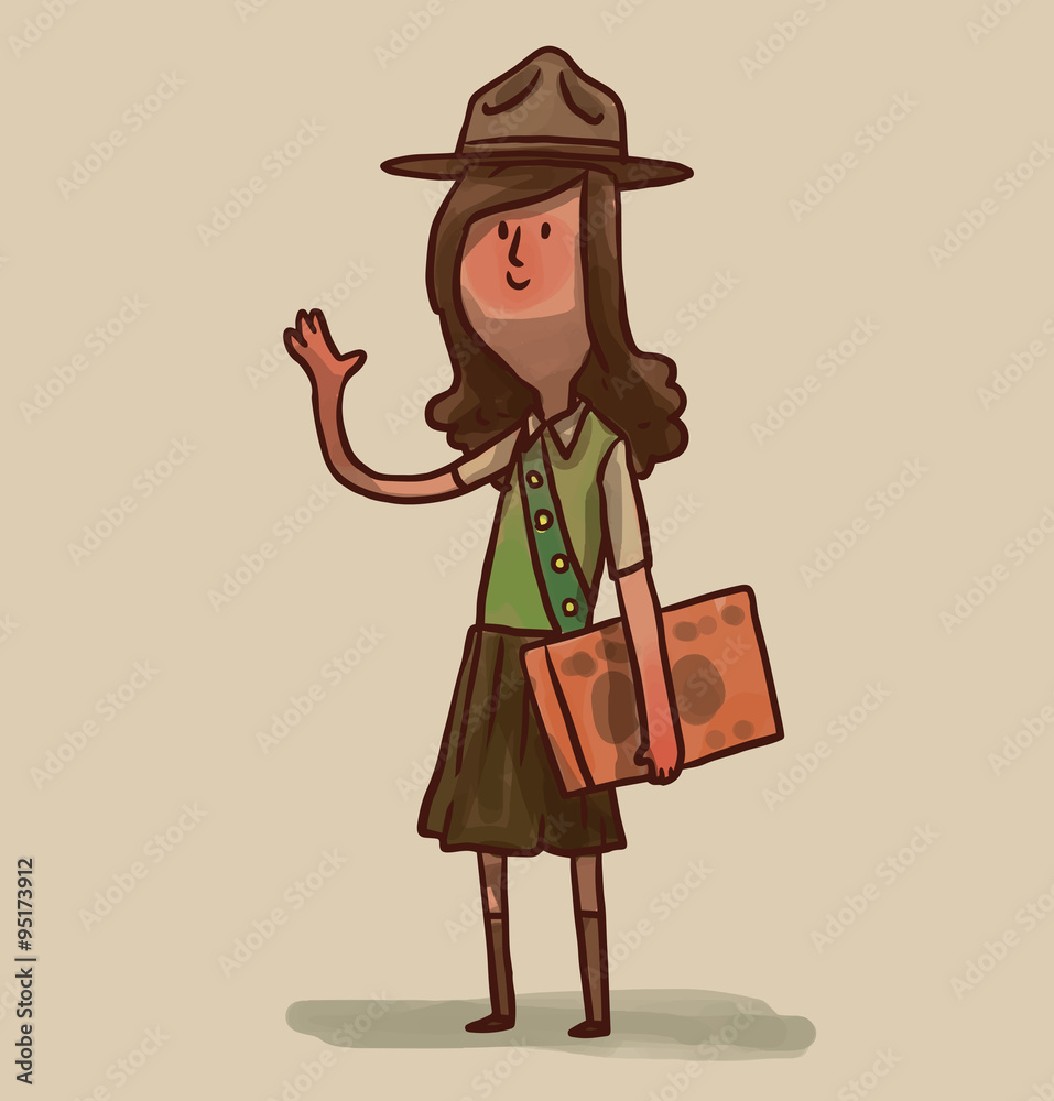 Vector Girl scout, brown hair. Cartoon image of a girl scout with brown hair in a green blouse, brown skirt and hat with orange bag over her shoulder on a light background.