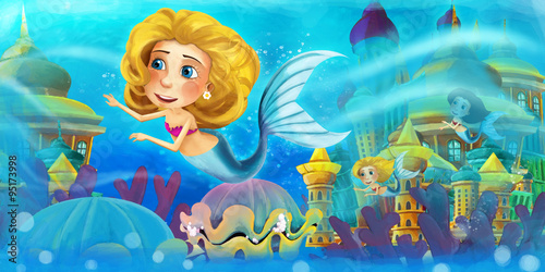 Cartoon ocean and the mermaid - illustration for the children