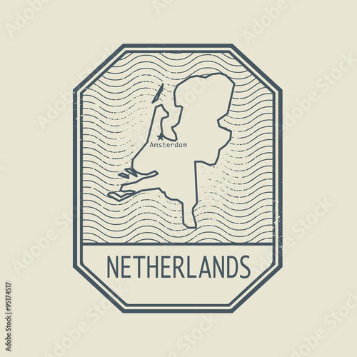 Stamp with the name and map of Netherlands