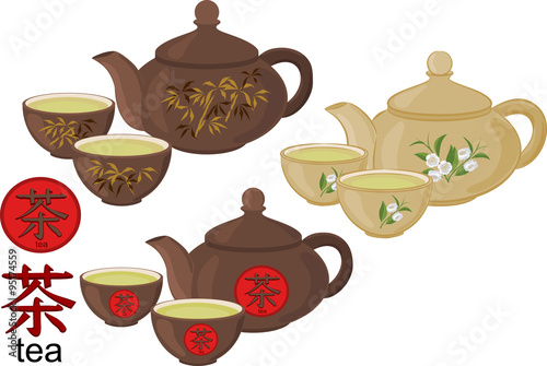 The teapot and small cups of Chinese green tea. Set of isolated objects.