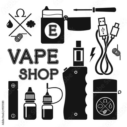 Set of vector black silhouette icons and design elements for vape shop, e-cigarette and e-liquid store, isolated on white background