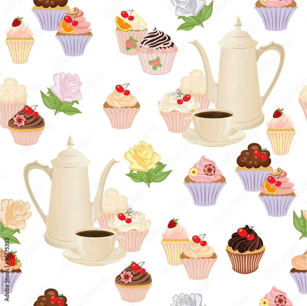 Seamless pattern with coffee pot, cups, cakes and roses. Seamless pattern with coffee pot, cups, cakes and roses.