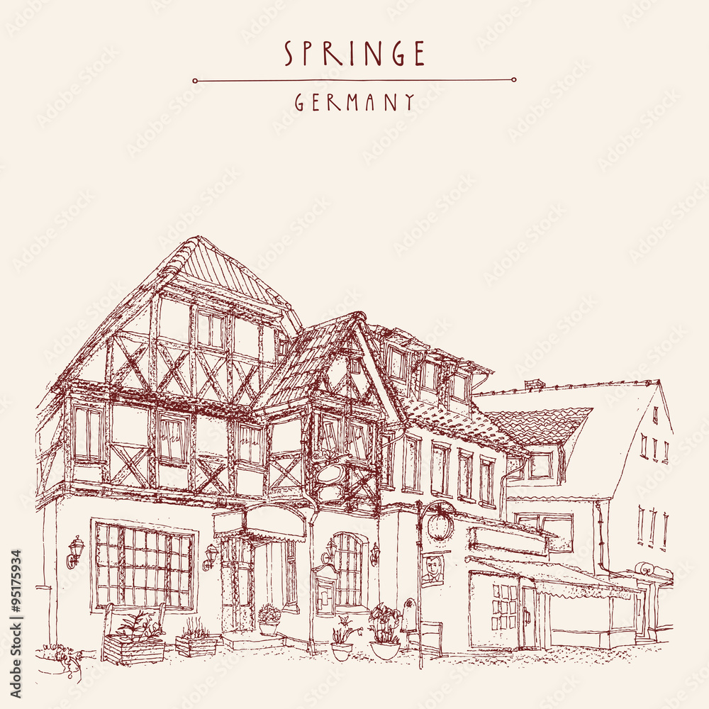 Old town Springe, Germany, Europe. Historical building line art. Freehand drawing. Travel sketch, hand lettering. Vintage postcard, poster template