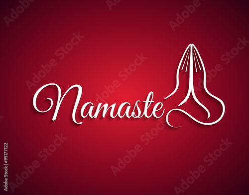 Welcome gesture of hands of Indian woman character in Namaste mudra on red background in vector