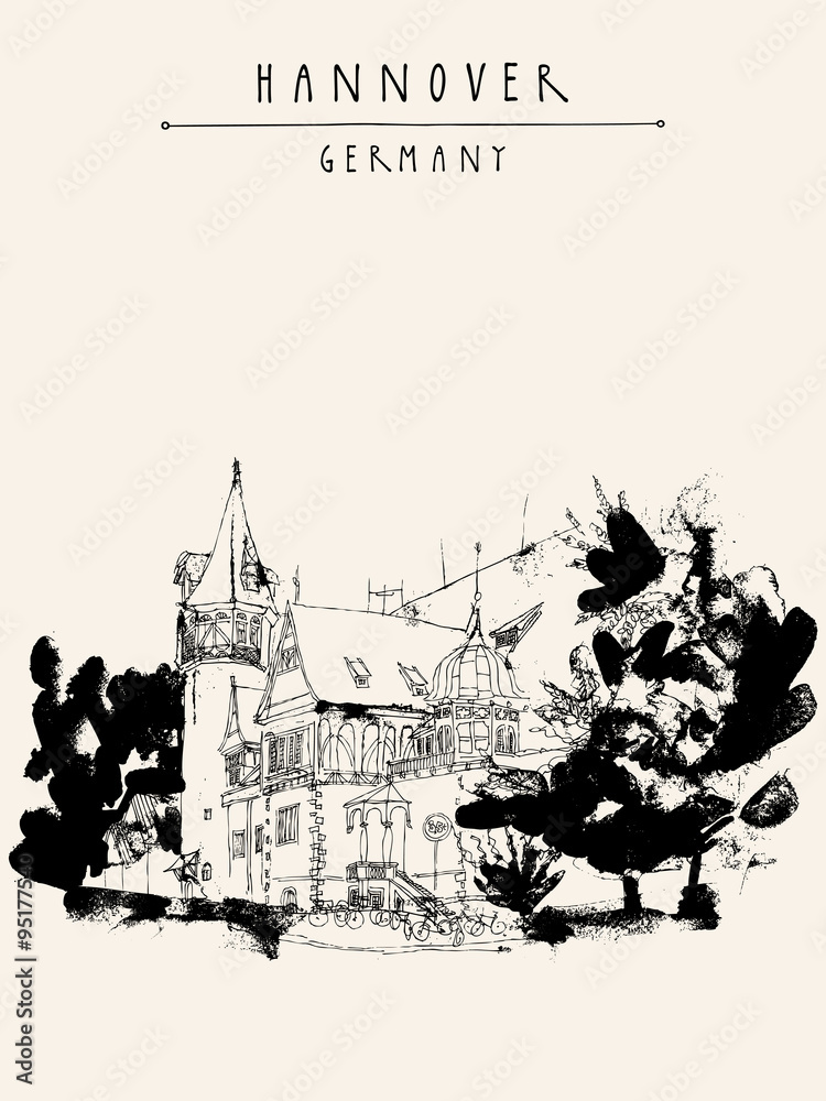 Hanover, Germany, Europe. A beautiful old mansion and trees. Black and white artistic hand drawn touristic postcard, poster. Hannover Germany hand lettering