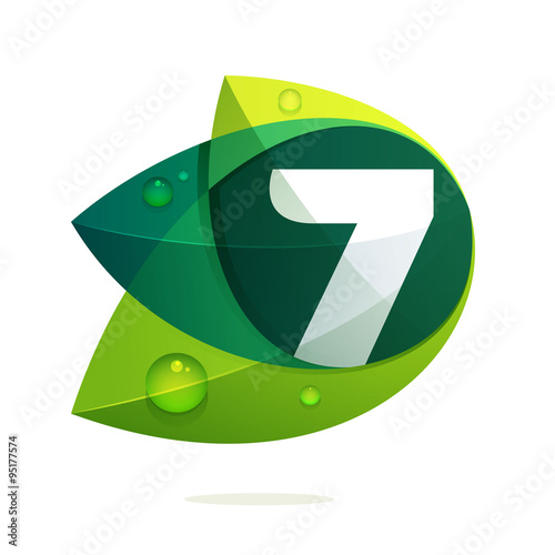 Number seven with green leaves and dew drops.