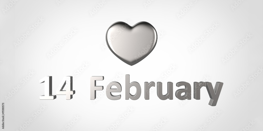 14 February 3D silver chrome metal text and heart on white gray background 14 February 3D silver chrome metal text and heart on white gray background