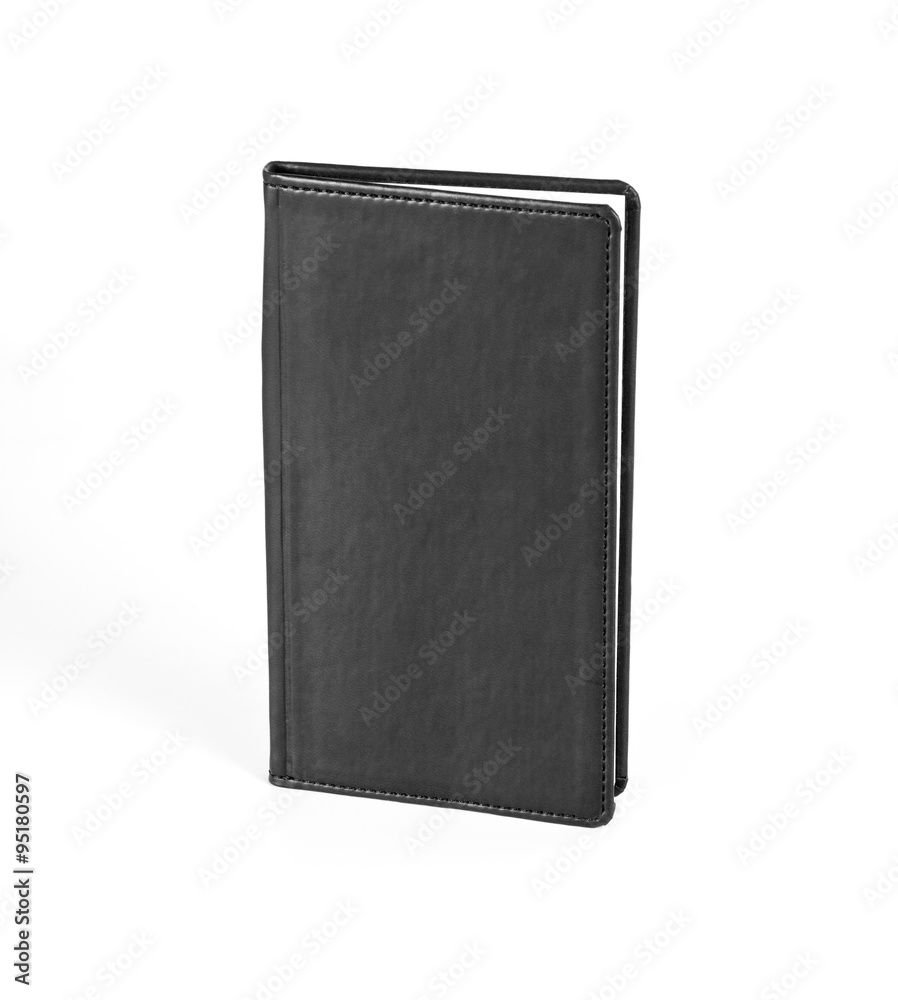 Black notebook in leather cover on white background. Black notebook in leather cover on white background.