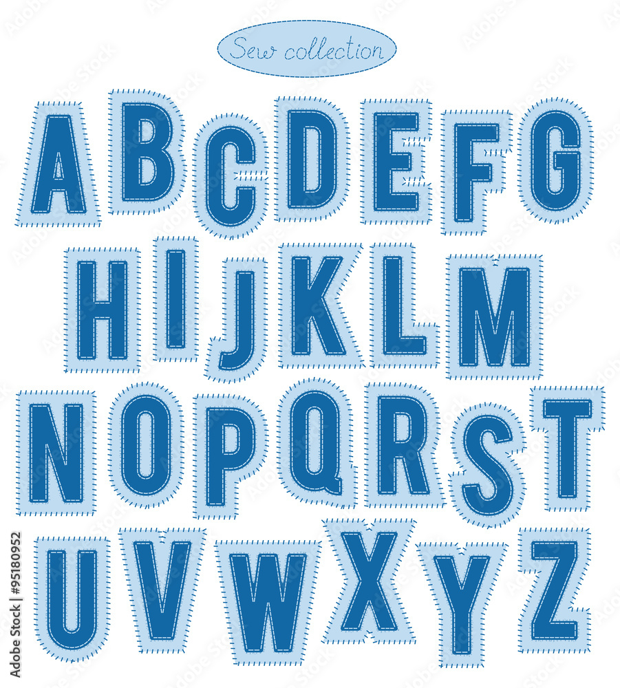 sew collection - hand made light and bright blue stitch letters