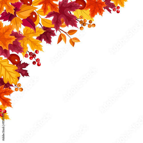 Vector background with red, orange, yellow and purple autumn leaves.