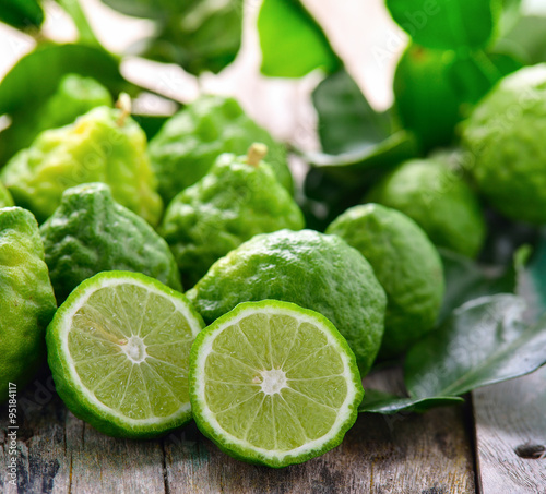 bergamot on wooden table background