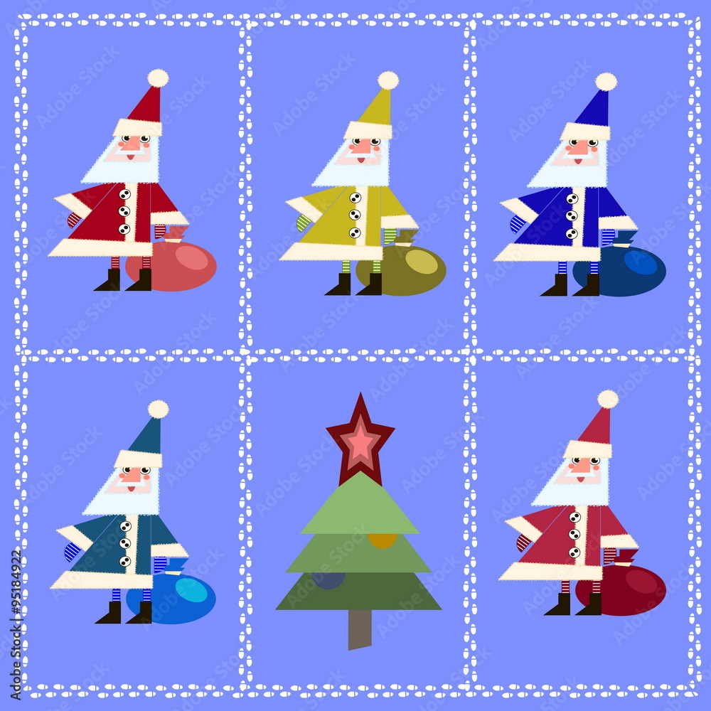 vector Five Santa Clauses and Christmas tree vector Five Santa Clauses and Christmas tree