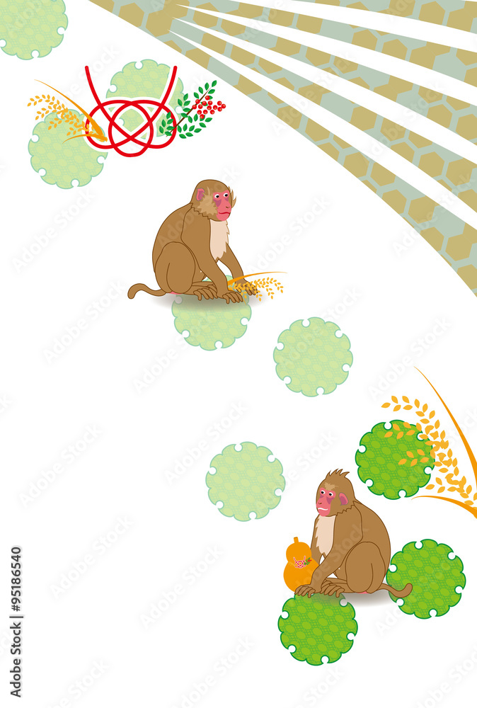 稲穂とひょうたんを持った猿のイラスト年賀はがき Stock イラスト Adobe Stock