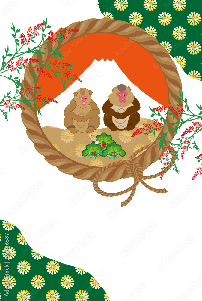 二匹の猿と富士山と南天のイラスト年賀はがき Stock Illustration Adobe Stock