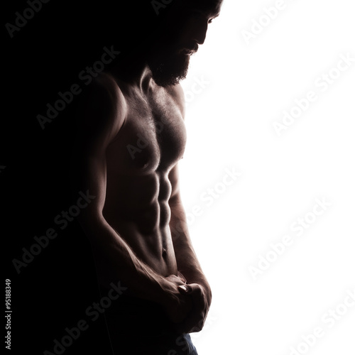 closeup of strong athletic man on white background