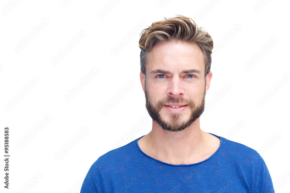Handsome man with beard posing on isolated white background