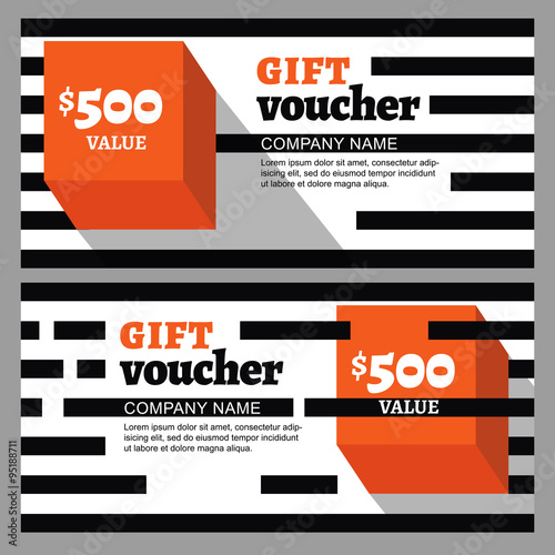 Vector gift voucher with striped pattern and orange cube.