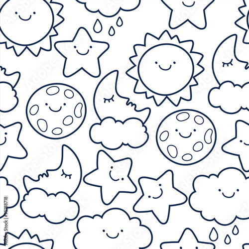 Funny sketching line style illustration of star, sun, cloud, moo