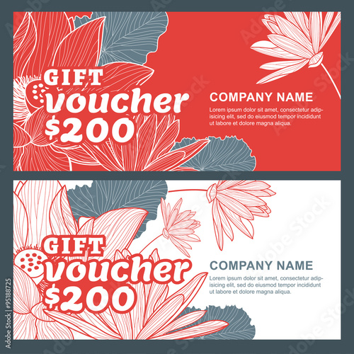 Fototapeta Naklejka Na Ścianę i Meble -  Vector gift voucher with lotus, lily flowers.