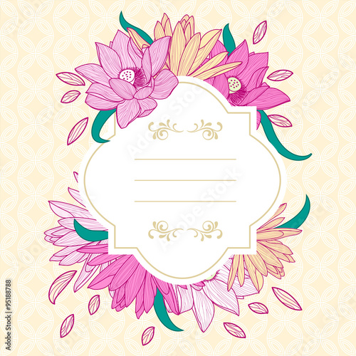 Round white frame with pink lotus and lily flowers.