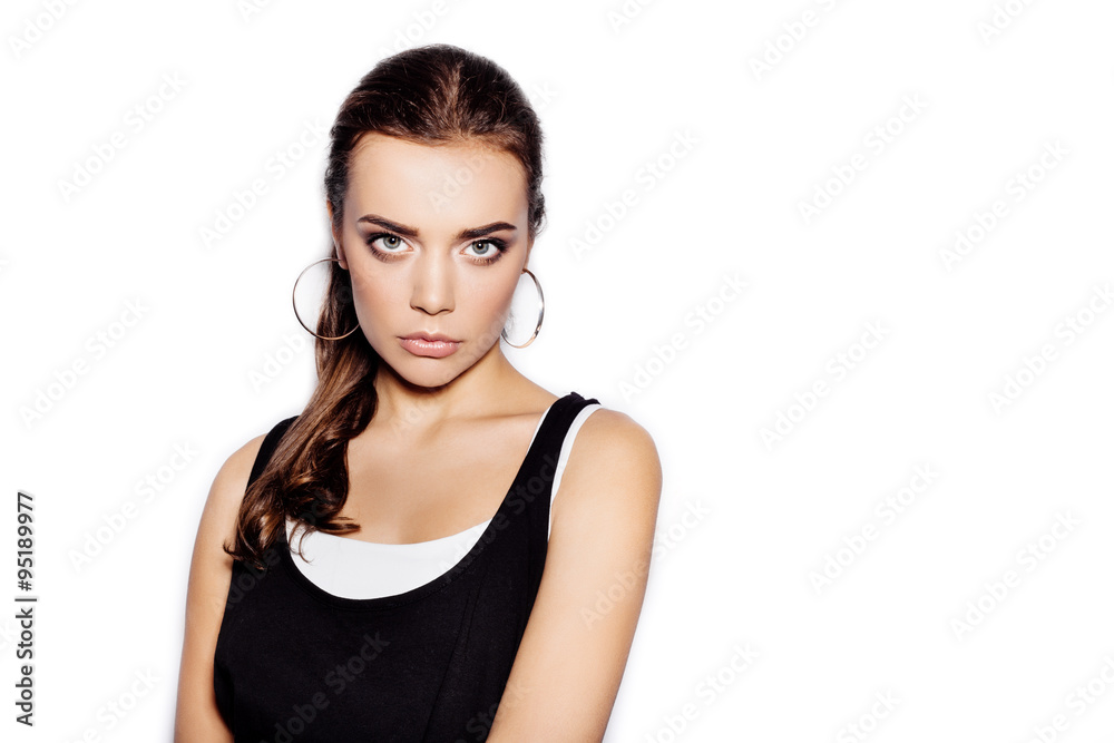 Girl in black shirt on white background not isolated Girl in black shirt on white background not isolated
