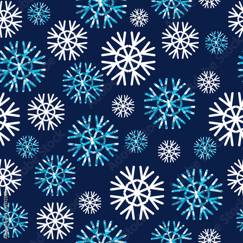 Vector illustration Festive Christmas and New Year seamless snowflakes pattern. Blue and white.