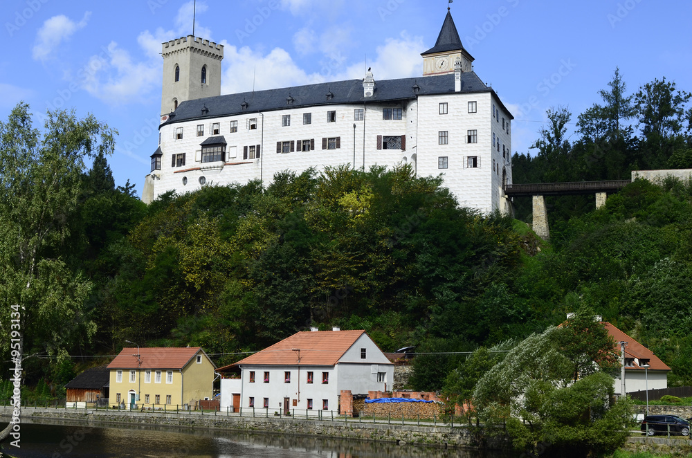 Rozmberk nad Vltavou, Czechia - castle Rozmberk, homes and river Mltava in Bohemia