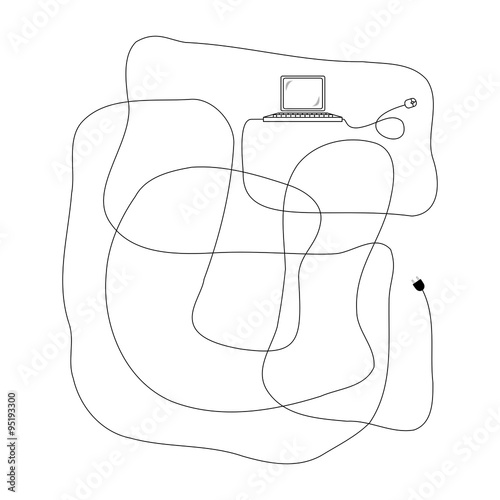 Computer with mouse and wire illustration on white background