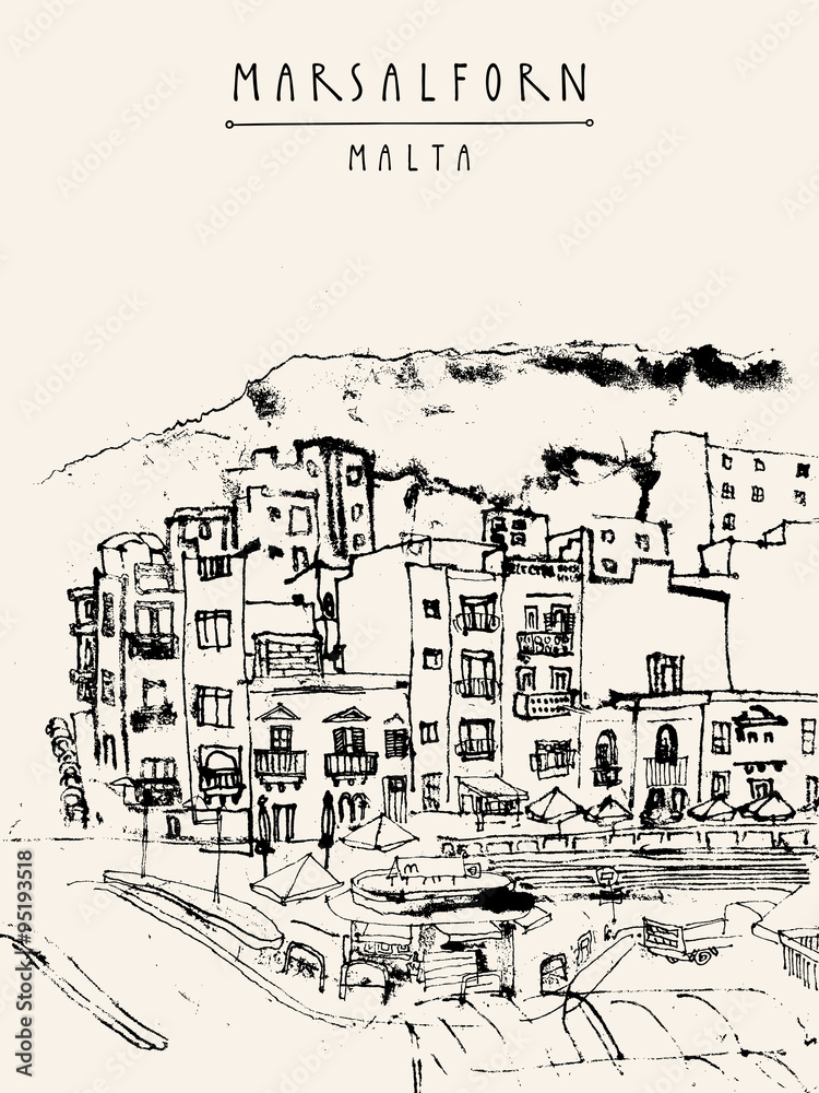 Marsalforn, Gozo island, Malta. Black and white artistic hand drawn vintage postcard